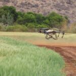 Een drone die boven een groen landbouwveld vliegt, met een focus op precisielandbouw.